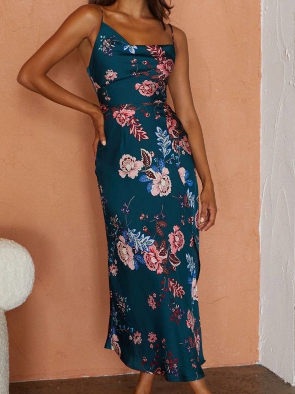 Teal Floral Maxi Slip Dress with Cowl Neck